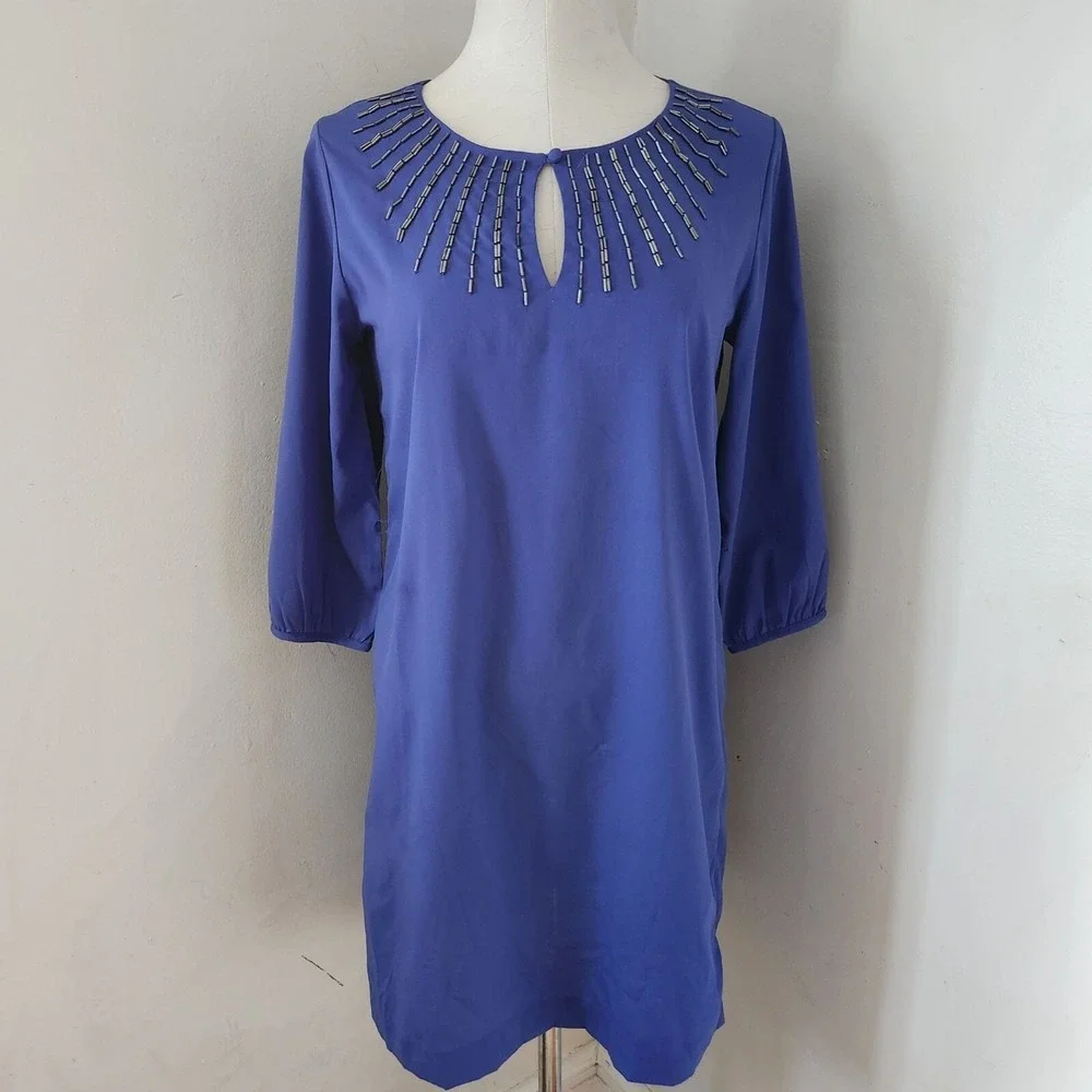 Banana Republic Purple Blue 3/4 Sleeve Beaded‎ Dress Women's Size 6